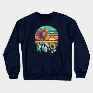 Sunny Field of Sunflowers and Sunset, Retro, Vintage, Yellow Crewneck Sweatshirt